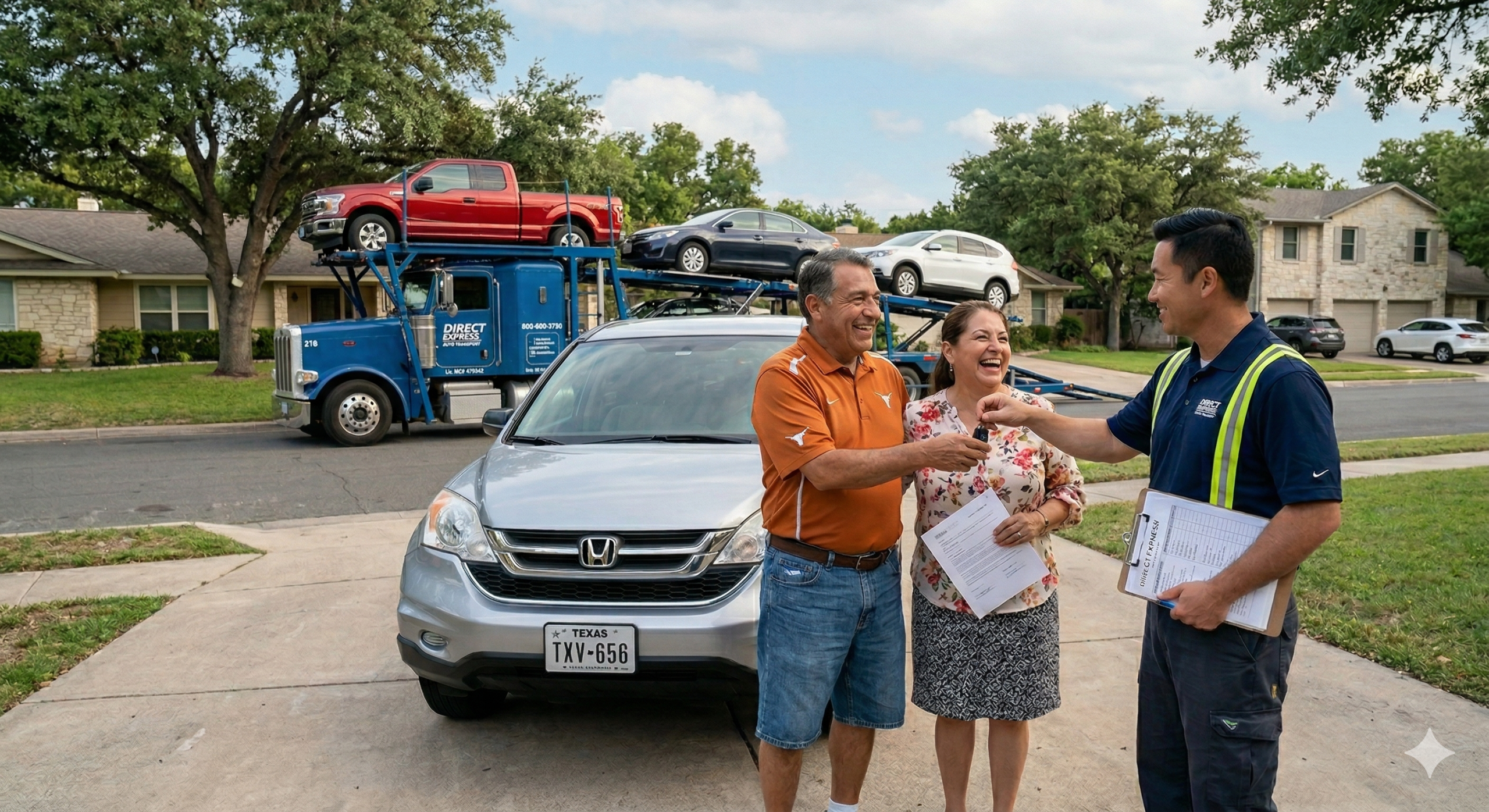 photo of Texas couple giving keys to car transporter during Snowbird season
