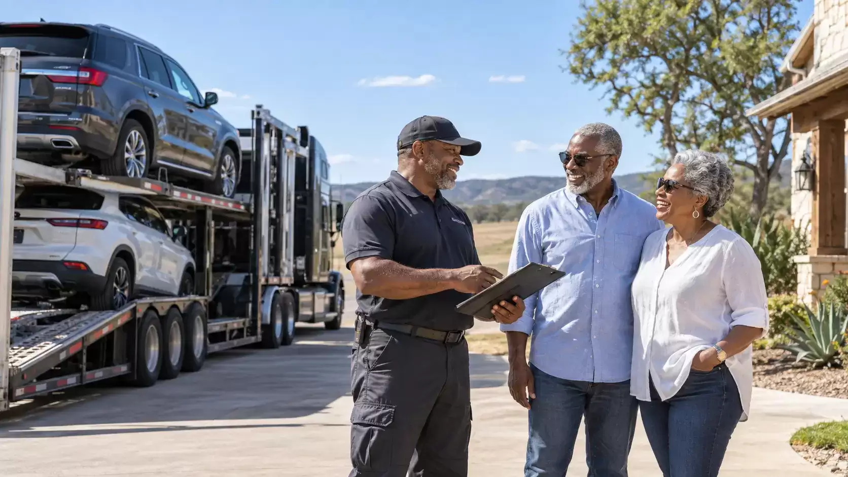 Elderly snowbird couple meeting a Texas car transport driver