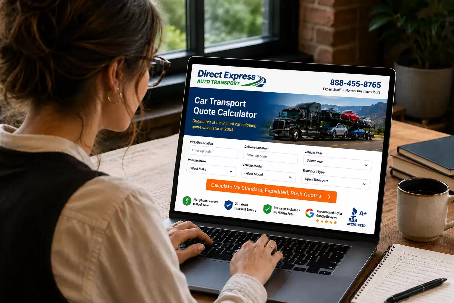 Woman in office calculating online car shipping quote