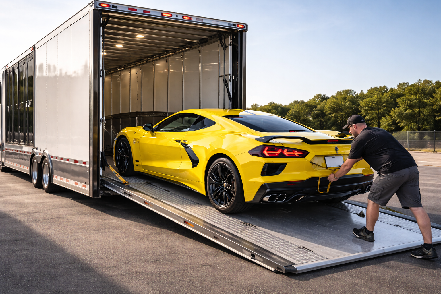photo of a yellow corvette being loaded into a Car Transport trailer