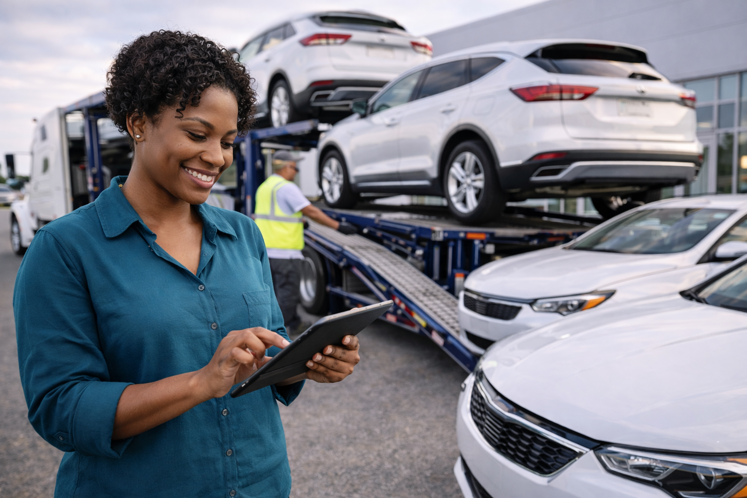 photo of dealership woman checking in car shipping inventory