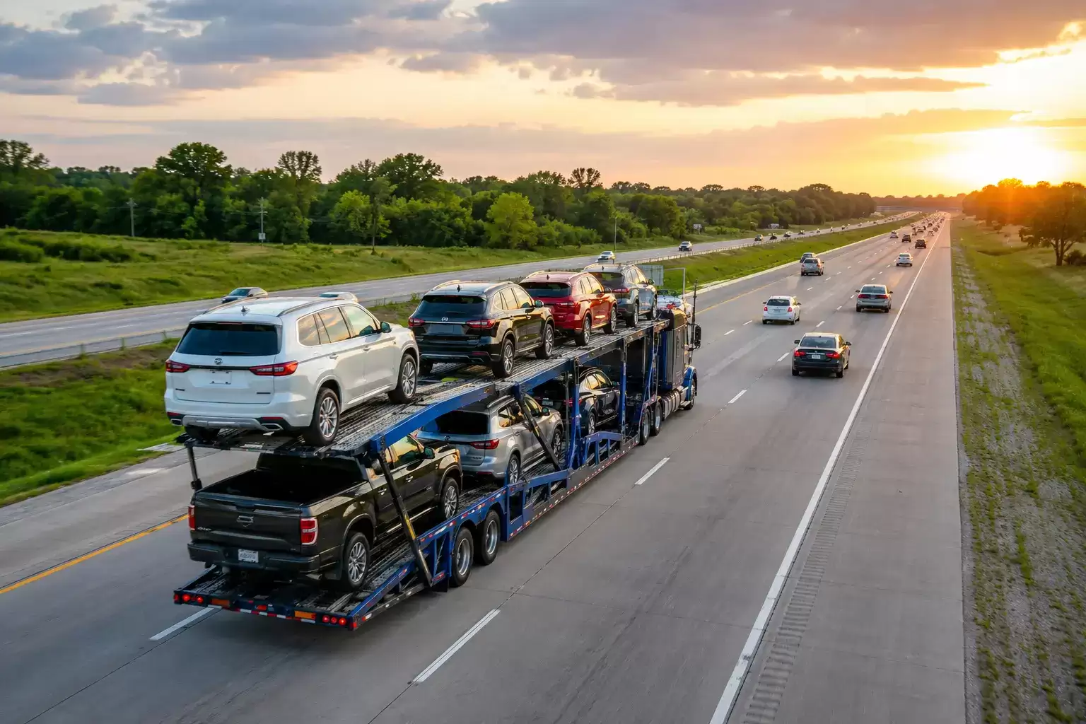 New York to Florida Car Transporter with a full load rolling down the highway at sunset
