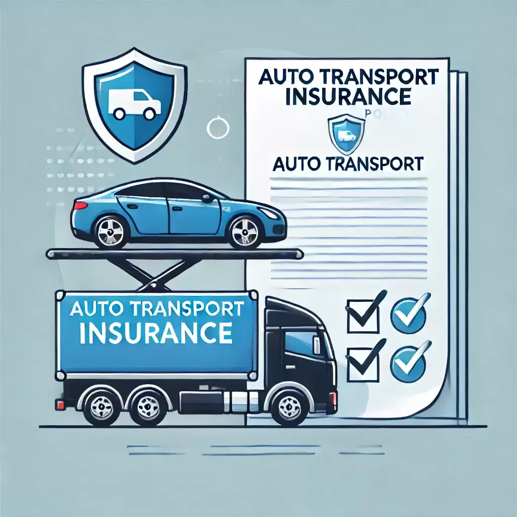 Image depicting auto transport insurance. photo image of a car being loaded onto a transport truck, with a shield