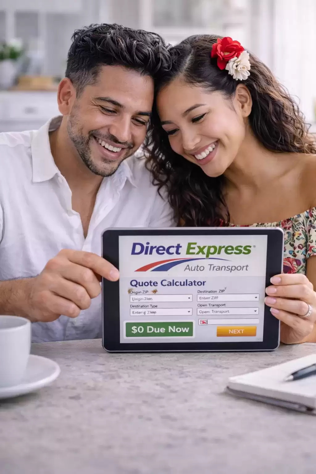 photo of Smiling Hispanic couple looking at a tablet with quote calculator