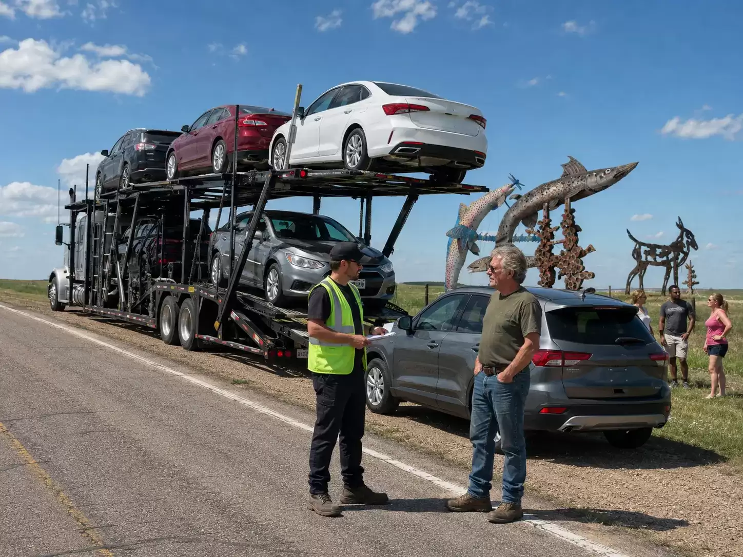 North Dakoto vehicle transport truck meeting 60 something customer