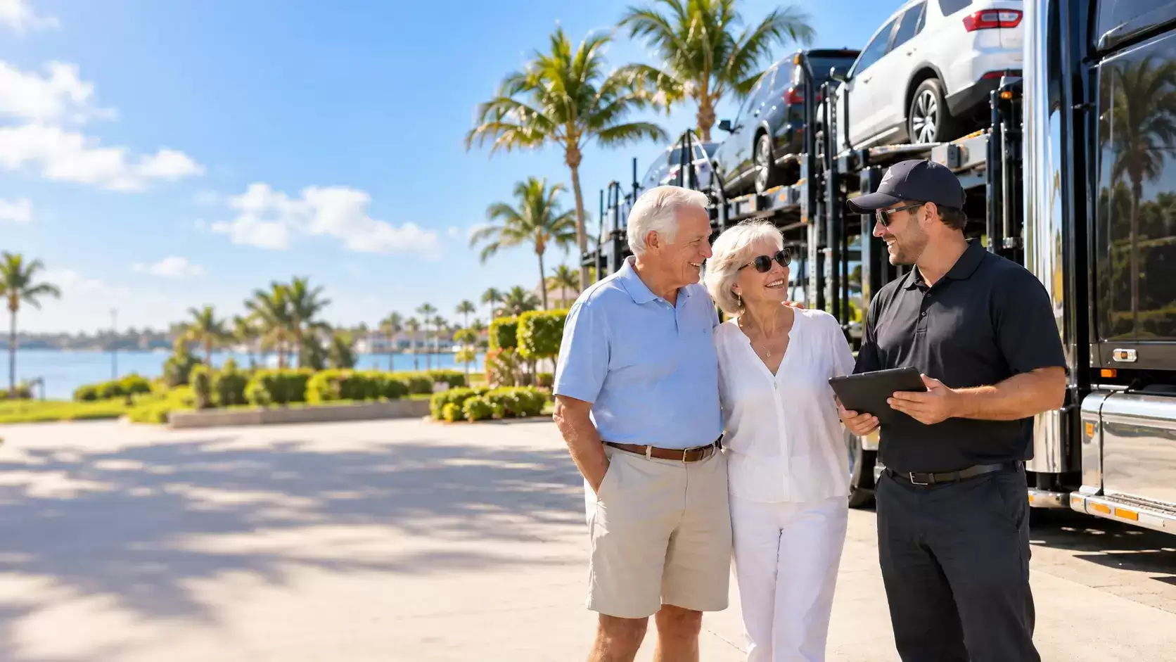 Elderly snowbird couple meeting a florida car transport driver
