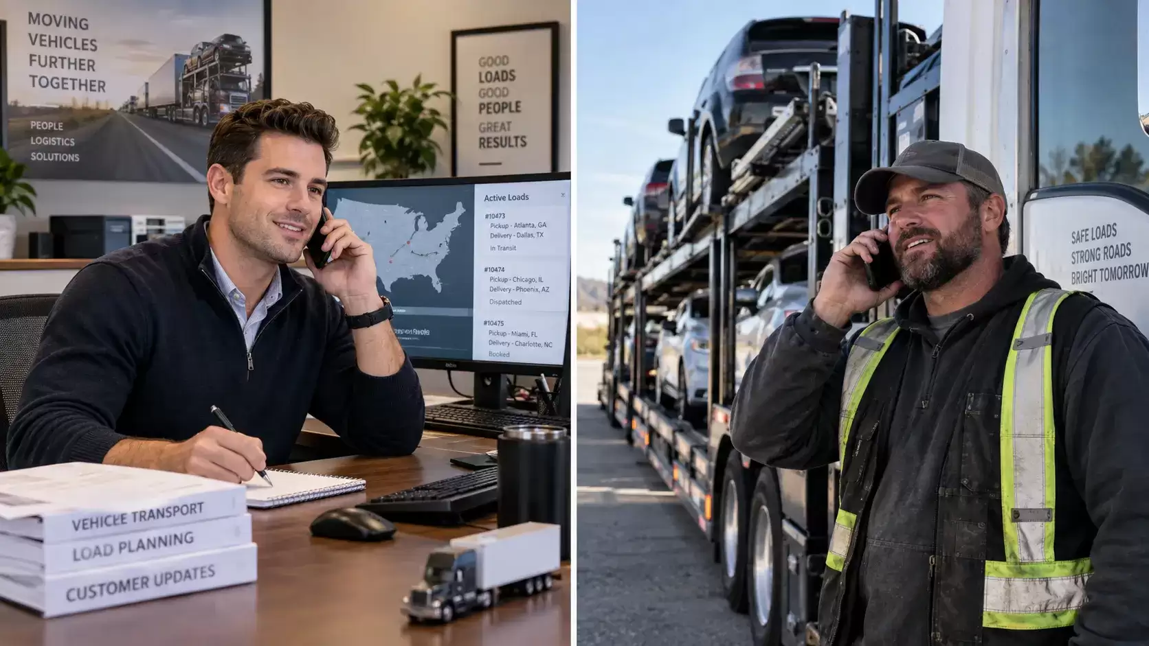 Auto Transport male dispatcher on the phone with carrier driver