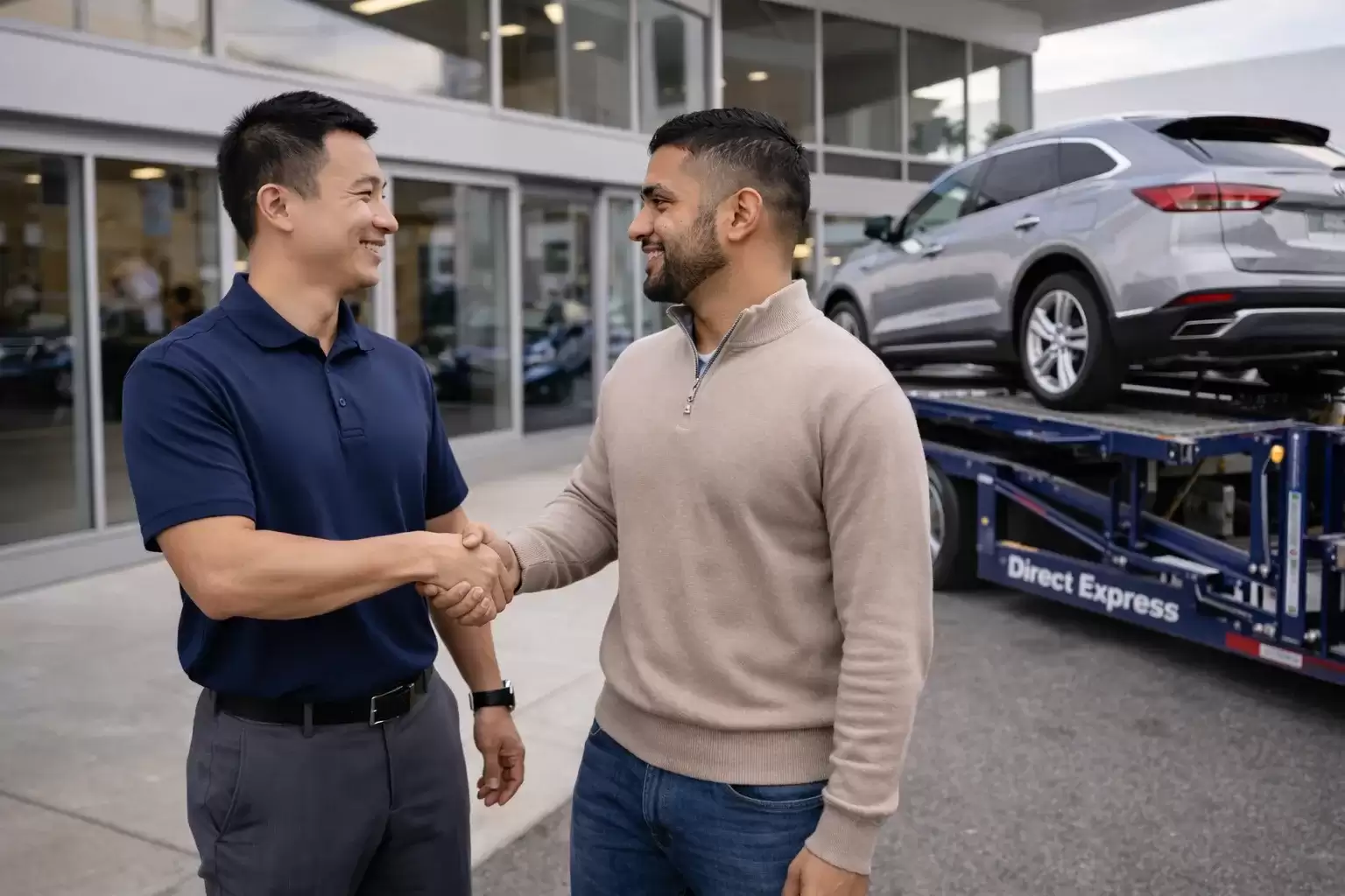 Illinois men shaking hands in front of a dealership before shipping a car