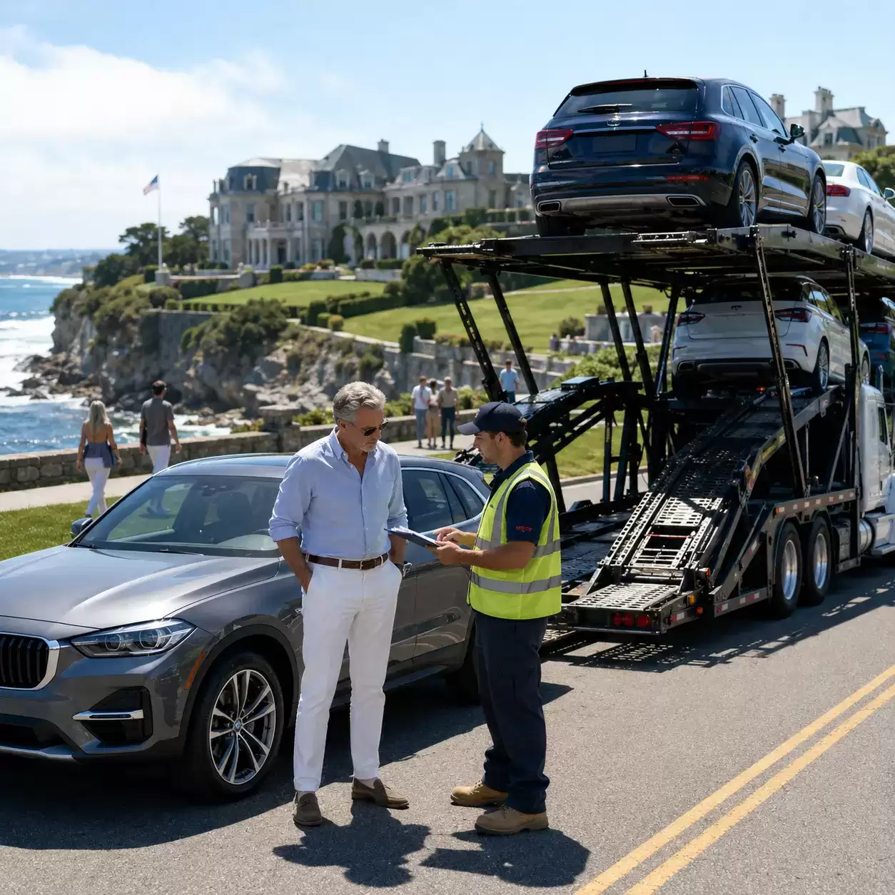 Rhode Island vehicle transport truck meeting 60 something customer