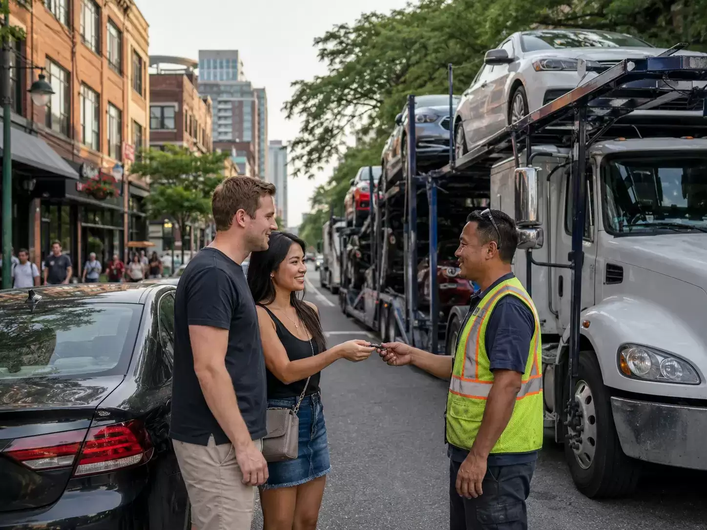 Illinois Car transport driver accepting keys to ship the car of a young couple downtown
