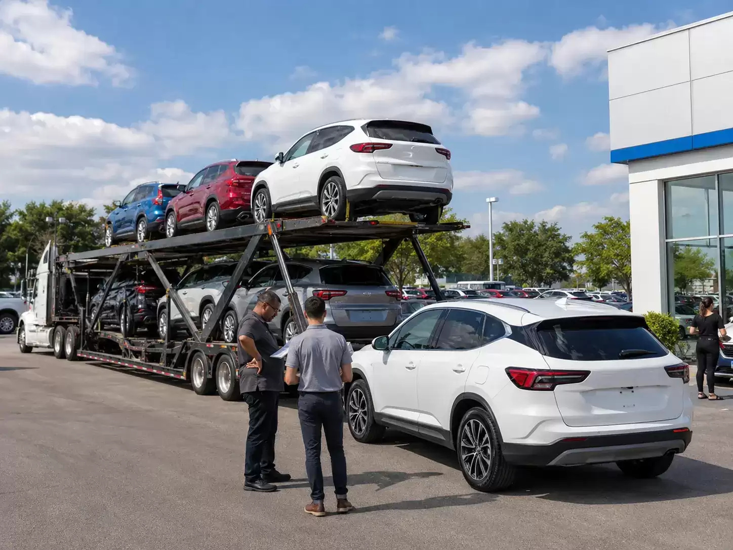 New York Auto Dealership receiving vehicle shipment in the lot
