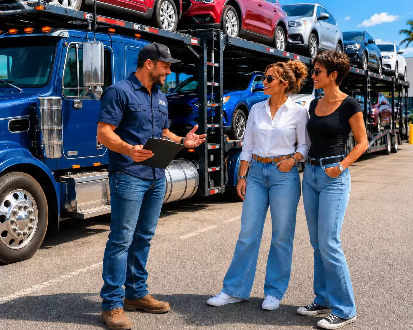 Illinois Car Transport driver in front of his rig pointing out a popular route to two young ladies