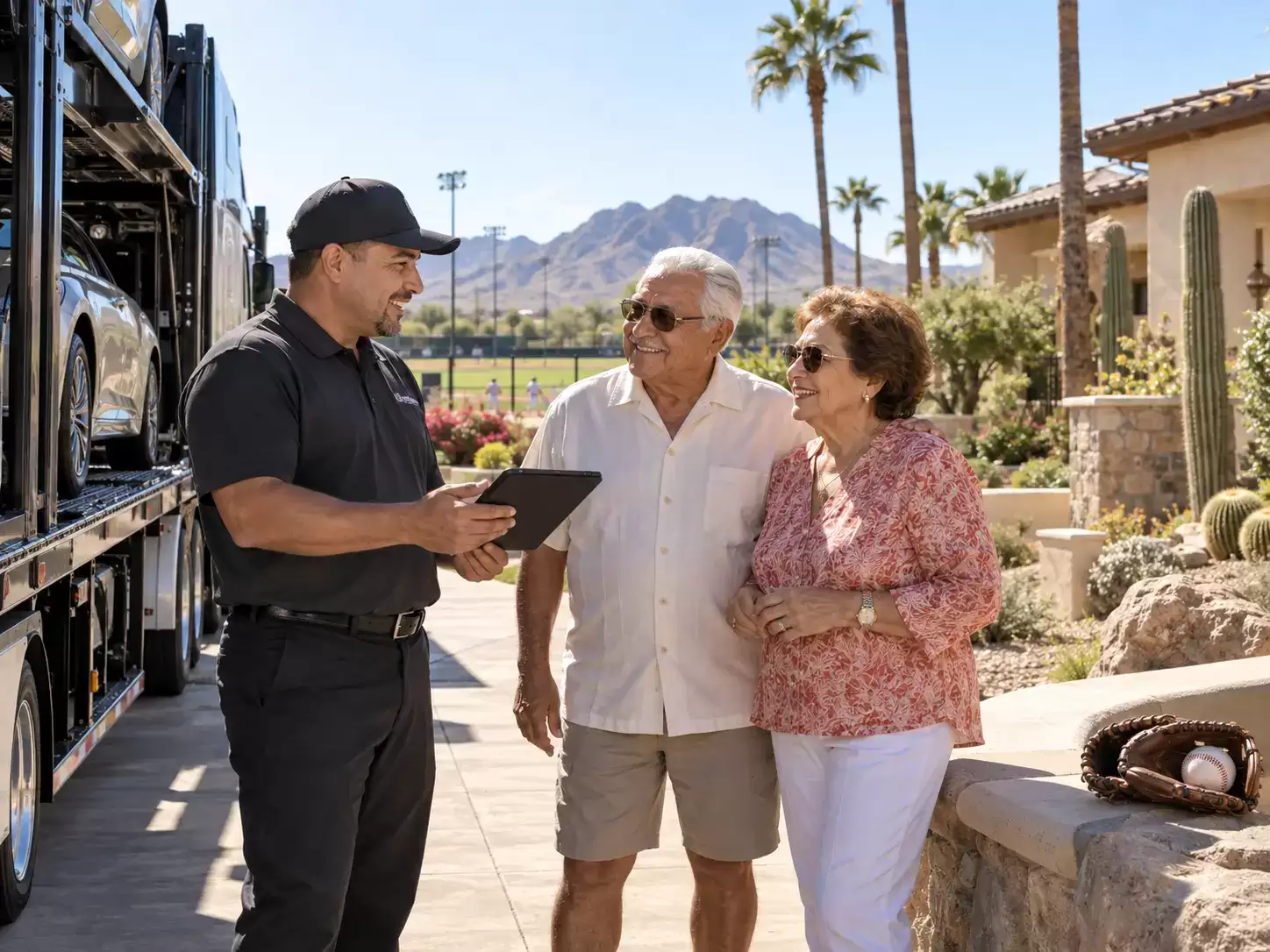Elderly snowbird couple meeting an Arizona car transport driver
