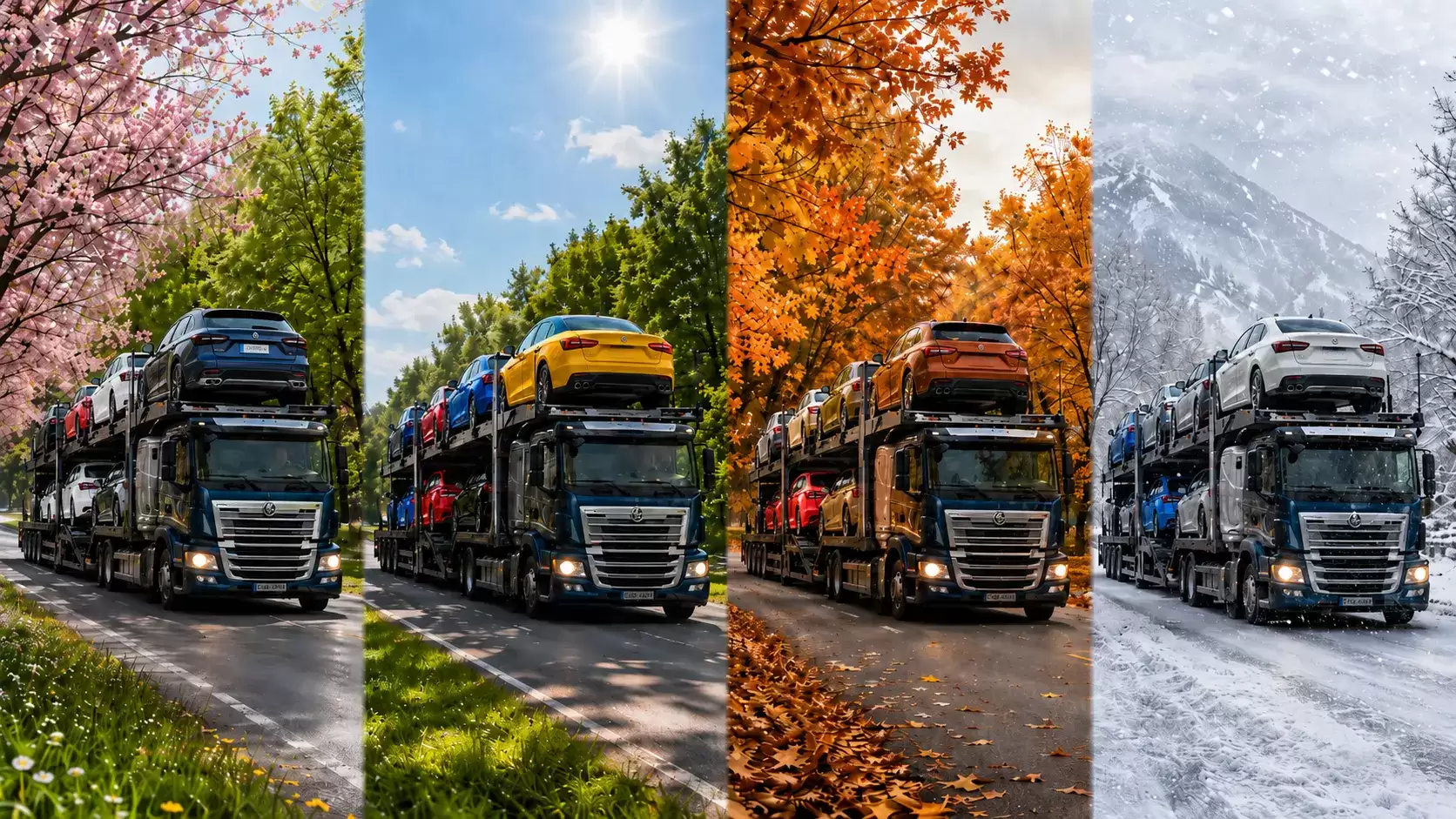 Illinois car transport truck with a full load depicted in a montage in all four seasons