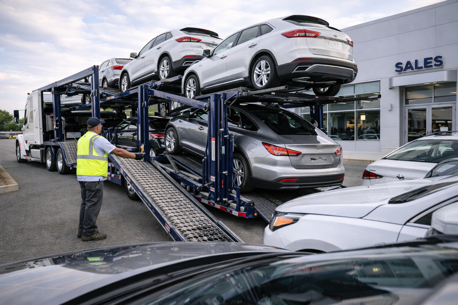 photo of dealership checking in car shipping inventory