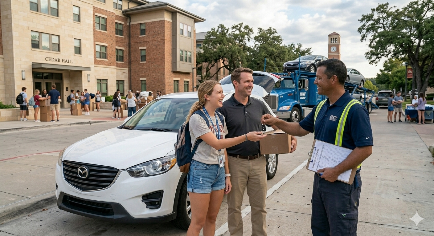 Photo of college student receiving her vehicle from car transport driver