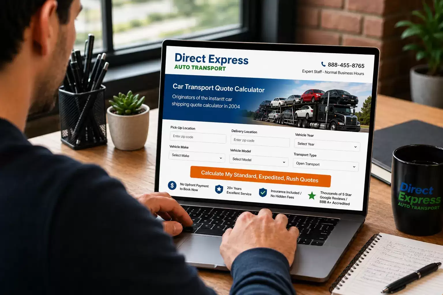 Man in office calculating online car shipping quote