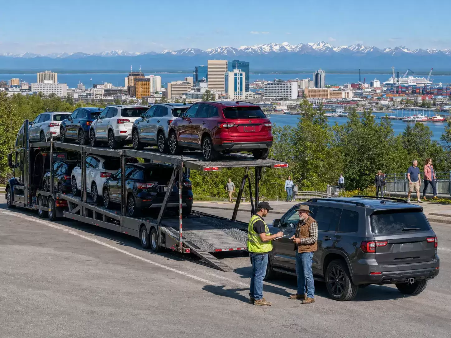 Alaska vehicle transport truck meeting 60 something customer
