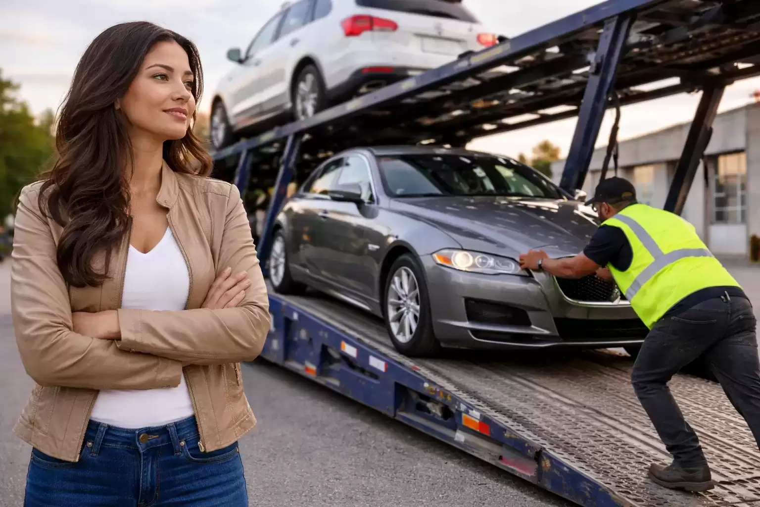Ohio customer watching her Jaguar-being-loaded-onto-car-carrier