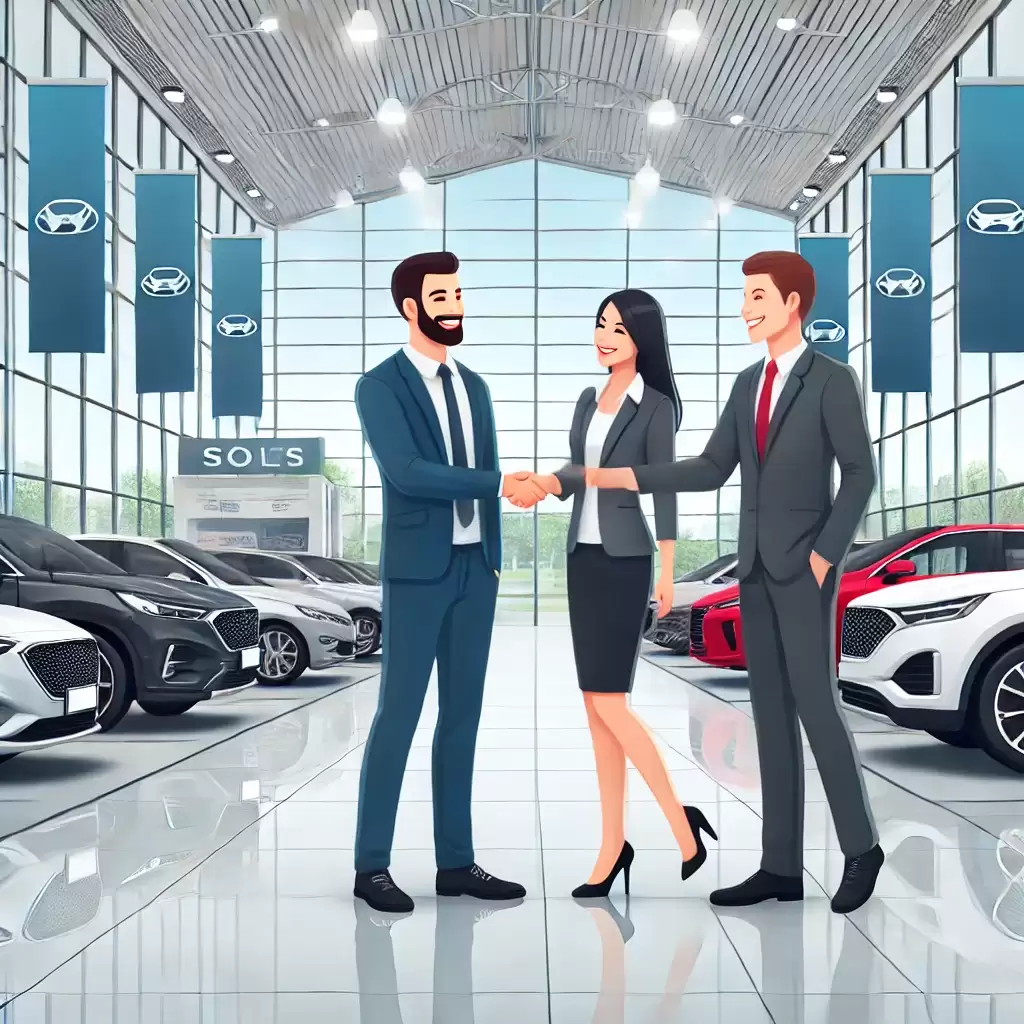 A modern car dealership with a sleek showroom, featuring several new cars on display. Happy customers are seen smiling and shaking hands with salesman