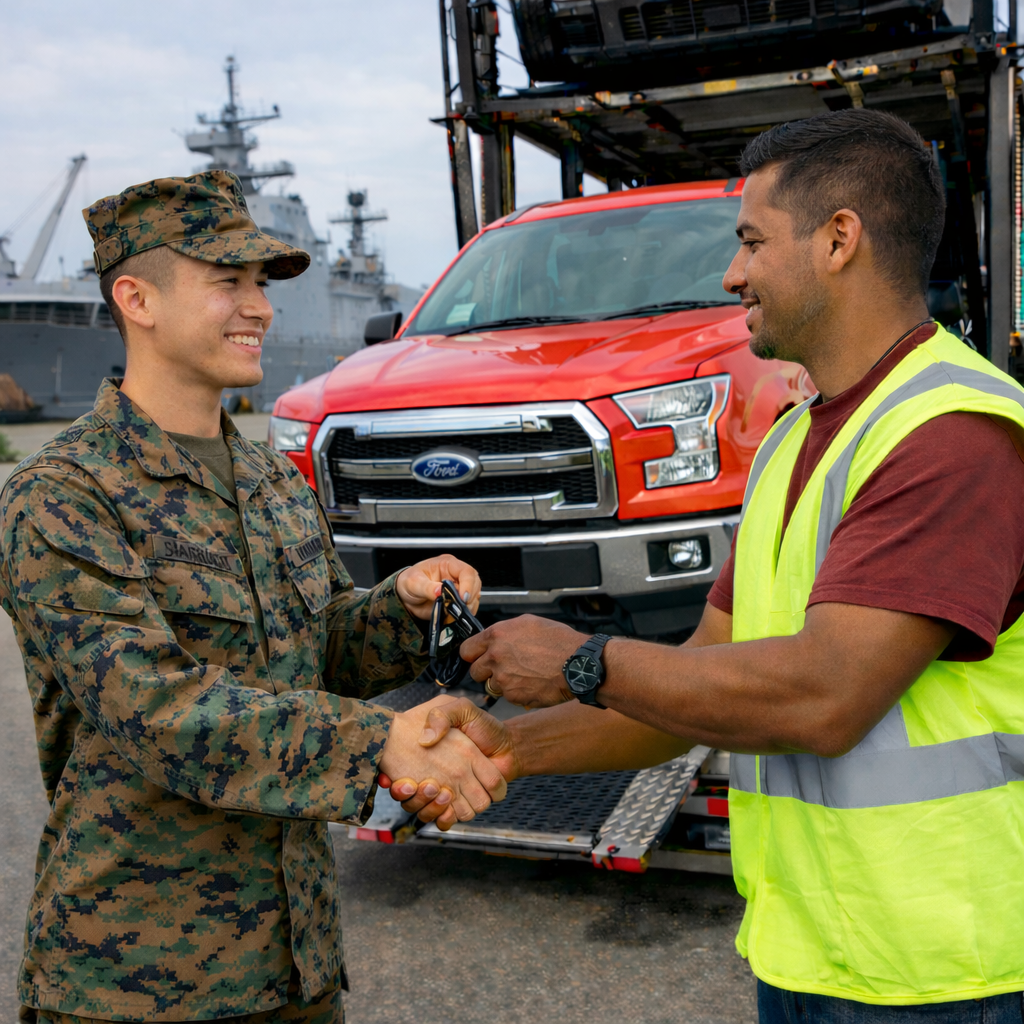 photo of a marine receiving his vehicle from car shipper