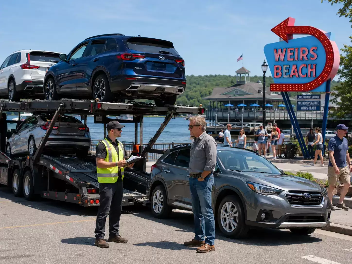 New Hampshire vehicle transport truck meeting 60 something customer