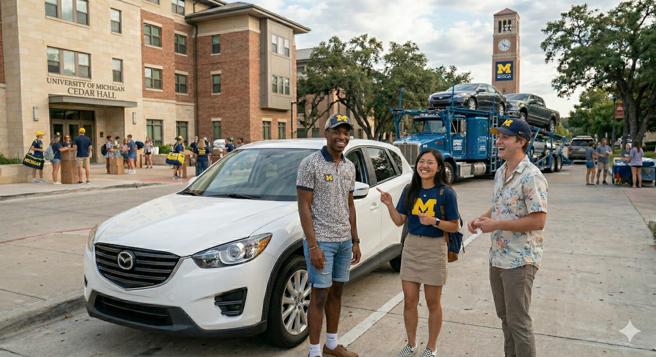 photo of three college student shipping a car