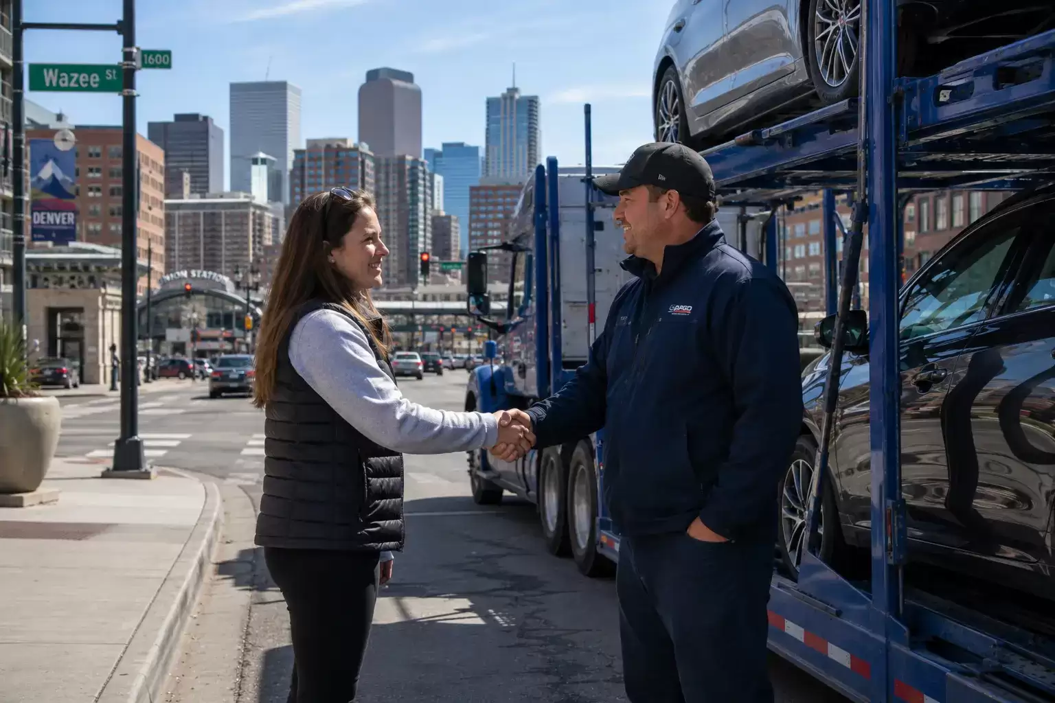 woman meeting a car transport driver on a Colorado city street