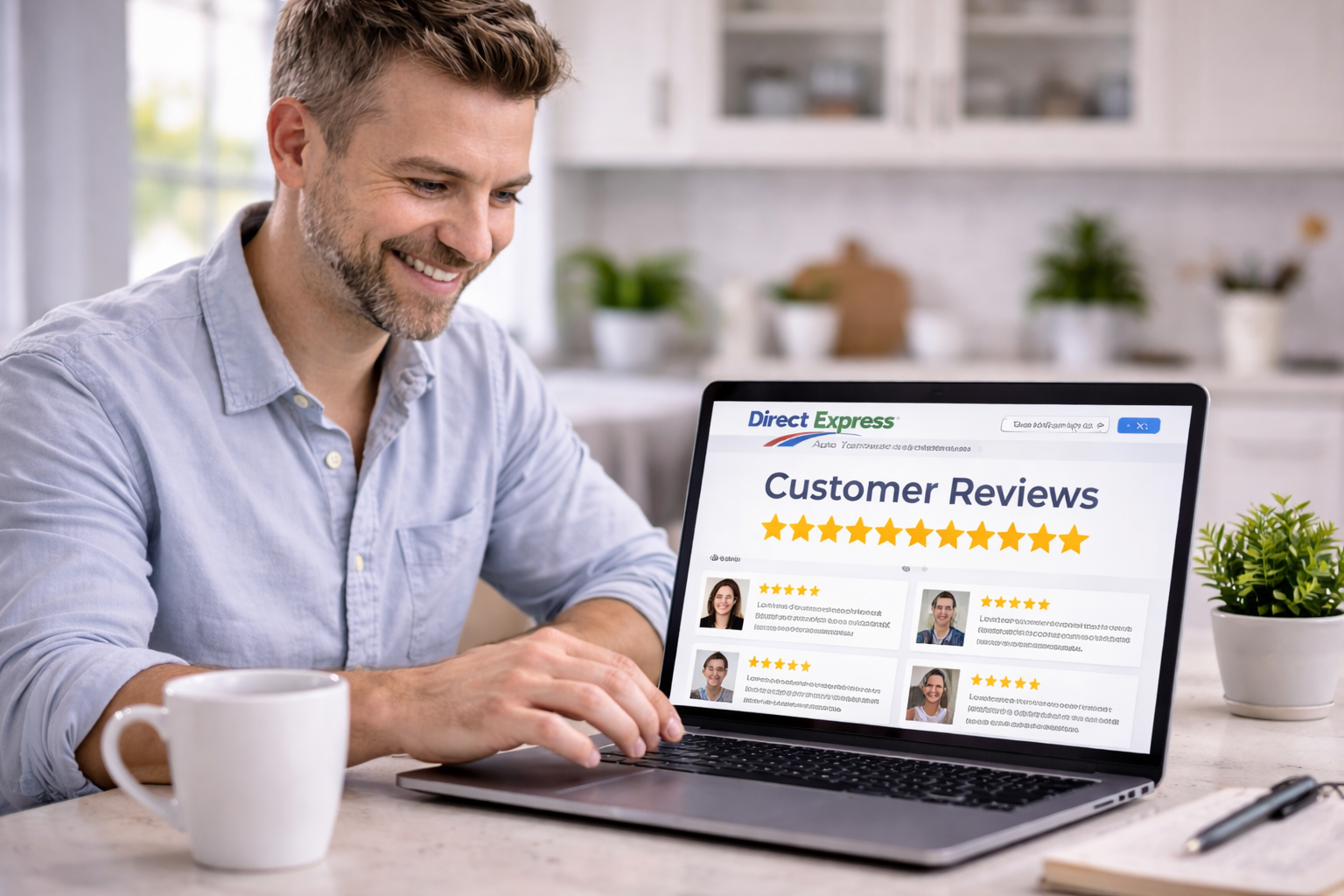 photo of customer Reading glowing reviews of Direct Express Auto Transport over coffee