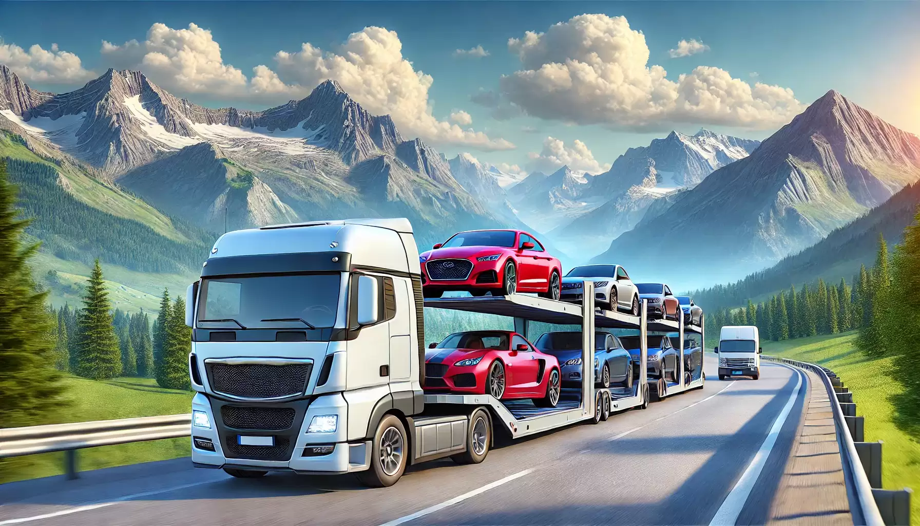photo of auto-shipping-carrier-truck-transporting-luxury-cars-on-a-scenic-highway