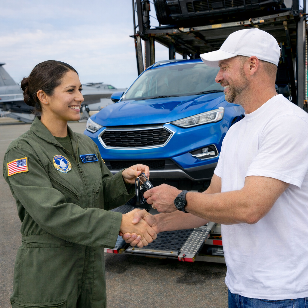 photo of female air force pilot and car transporter