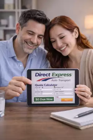 Direct-Express-Smiling-mid-30s-couple-looking-at-a-tablet-with-quote-calculator
