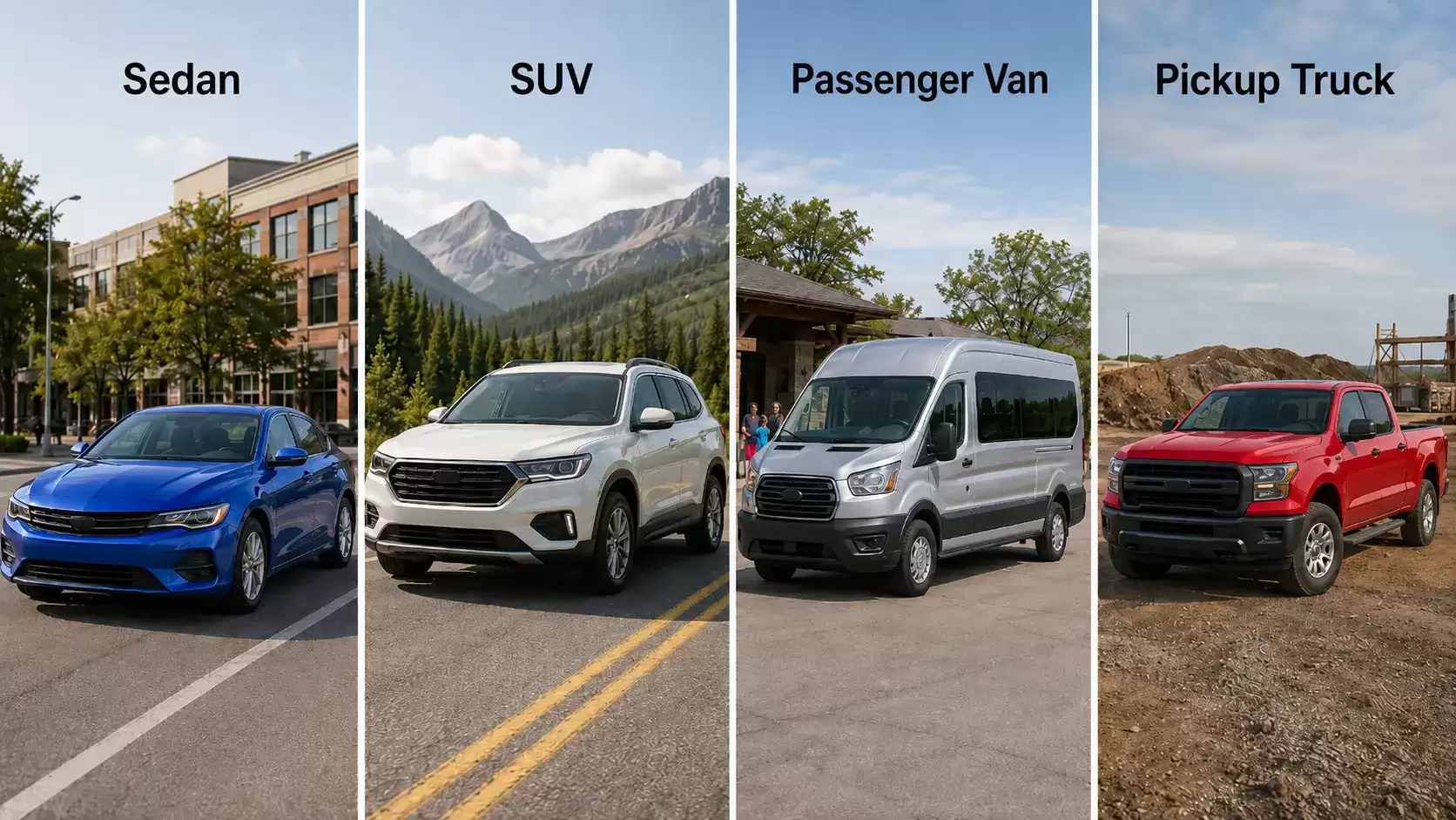 Types of vehicles sedan suv passenger van and pickup truck