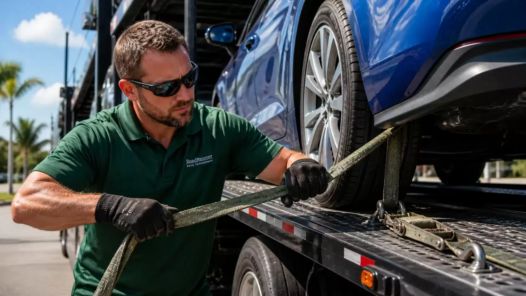car-transport-driver-strapping-down-a-blue-car-on-th-trailer